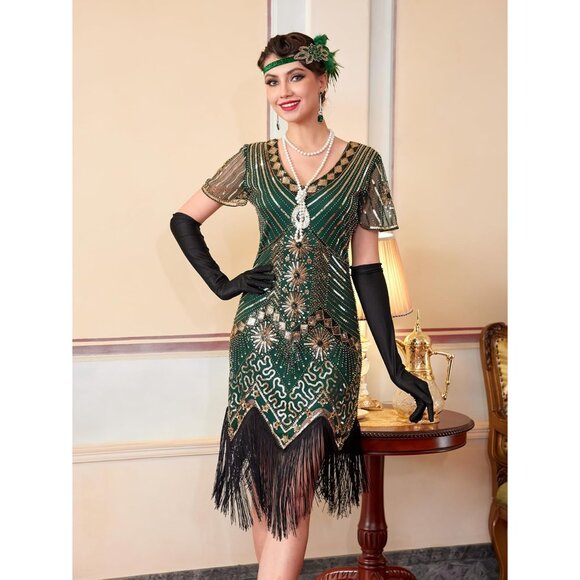 1920s Flapper Dress Sheer Beaded Sleeves Costume Party Vintage - Picture 6 of 7